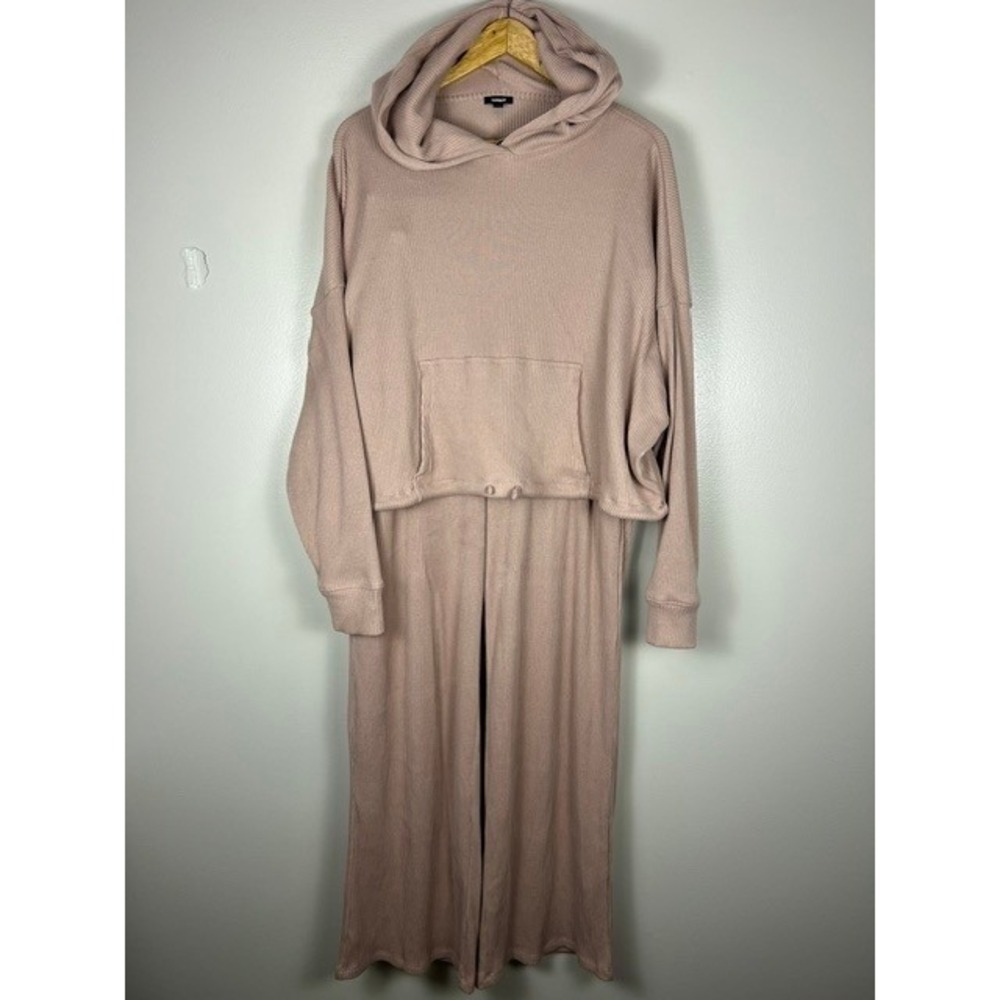 Express Ribbed Knit Lounge Set Mauve Pink Cropped Hoodie Wide Leg Pants Large